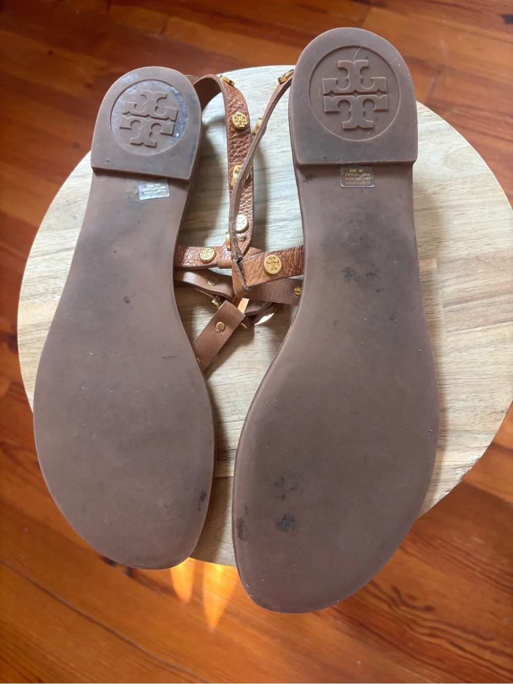 Tory Burch Cognac Leather T-Strap Sandals with Gold Logos